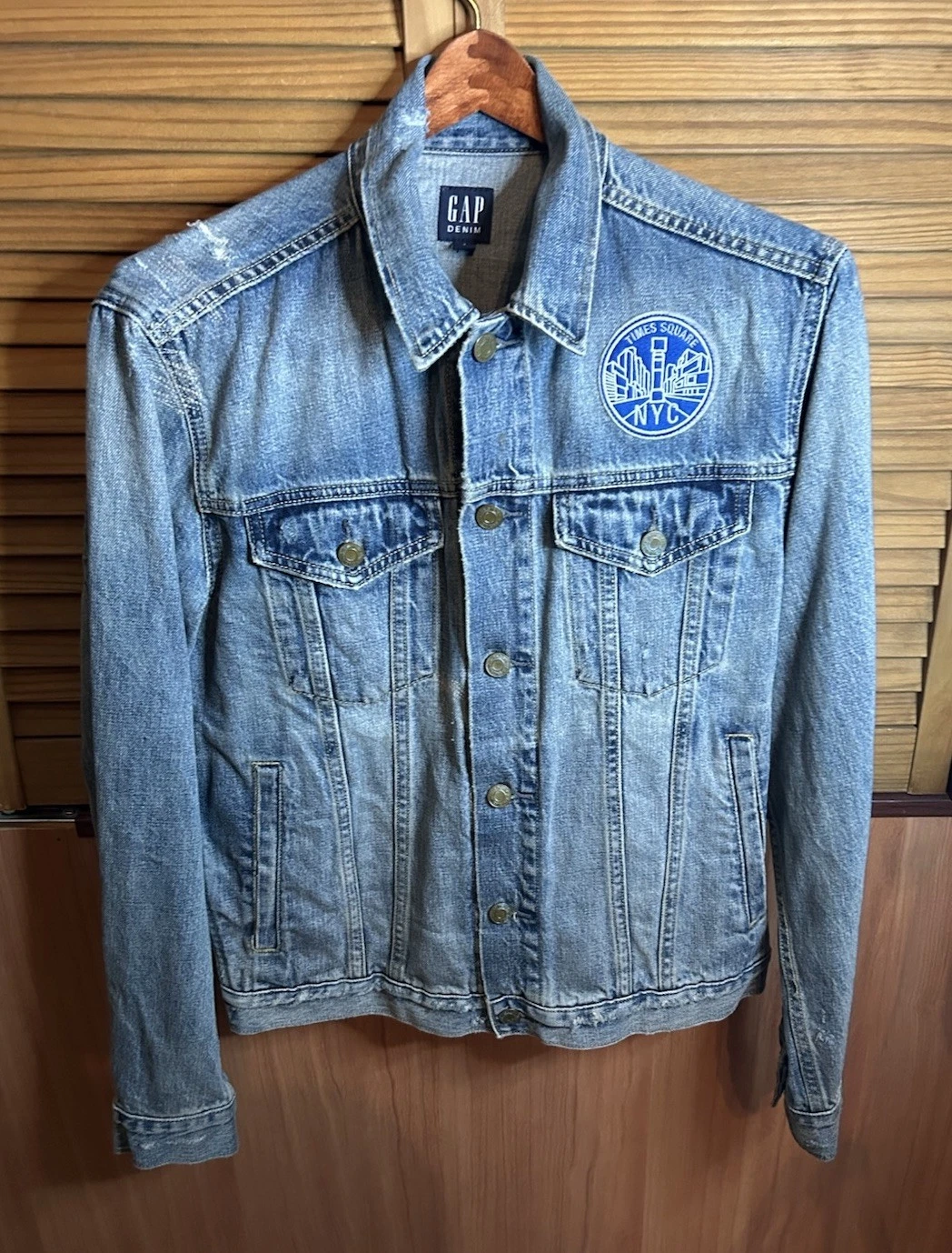 GAP Denim Jean Jacket Times Square NYC Distressed Size S