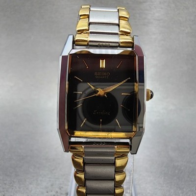 Seiko Exceline Tank Watch Women 20mm Black Dial Two Tone 7321-5720