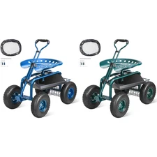 Rolling Garden Cart with Seat and Wheels Extendable Handle Blue and Green