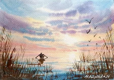 Original Painting Landscape Artwork Modern LONELY FISHERMAN Seascape Art Gift A5