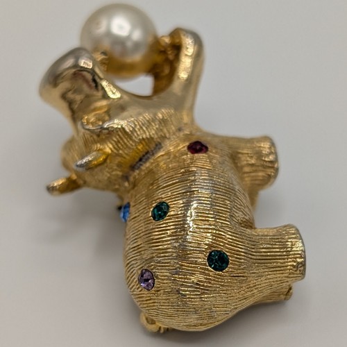 Broche de hipopótamo Castlecliff vintage tono dorado pedrería imitación perla como está 1,5" - Imagen 3 de 15