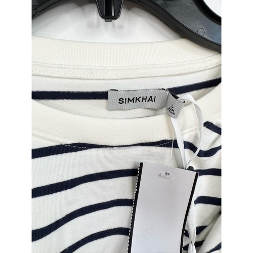 SIMKHAI Womens T-shirt Dress Size L White Blue Striped Ruched Short Sleeve Mini - Picture 4 of 7