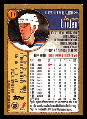 1998-99 Topps #117 Trevor Linden - Picture 2 of 2