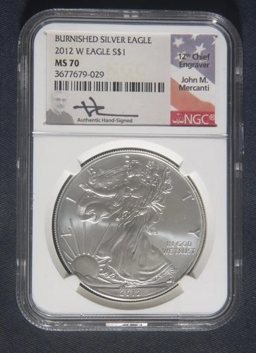 2012-W BURNISHED 1 OZ SILVER AMERICAN EAGLE  NGC MS70 MERCANTI   LOT 100324