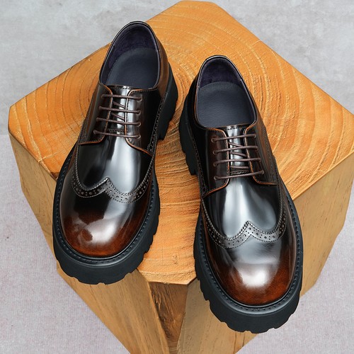 Mens Round Toe Leather Shoes Brogue British Business Dress Cowhide Office Shoes - Foto 2 di 26