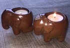 Party Lite Ceramic 2 Brown Elephants Votive Tea Light Candle Holders w/ candle