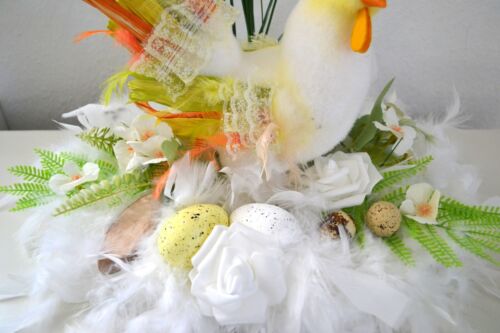 Osterkranz Ostergesteck Tischkranz Federn Hahn Kunstblumen Deko Ostern - Bild 2 von 5