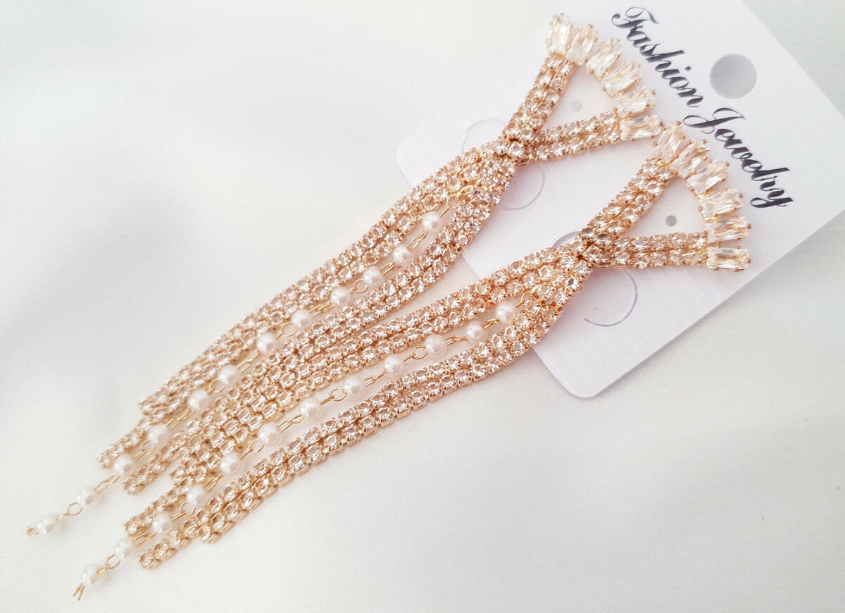 10cm long gold tone faux pearl diamante waterfall drop