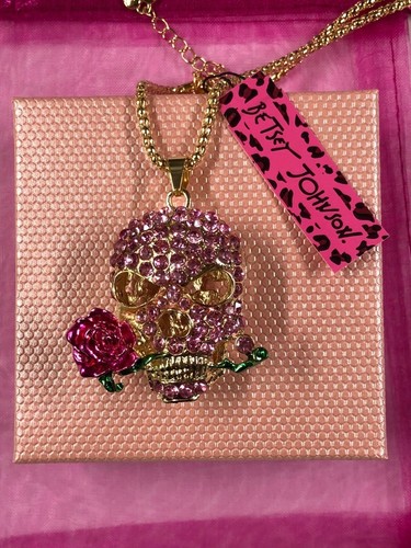 Betsey Johnson Necklace Pink Sugar Skull Crystals Gift Box Organza Bag - Picture 10 of 12