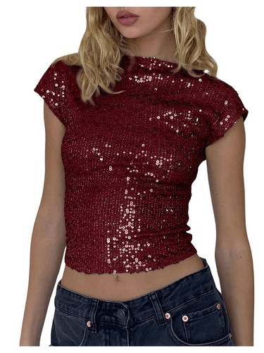 NEW Women's Red Sequin Boat Neck Shirt Sparkle Glitter Backless Tee Cap SZ M - Picture 1 of 5