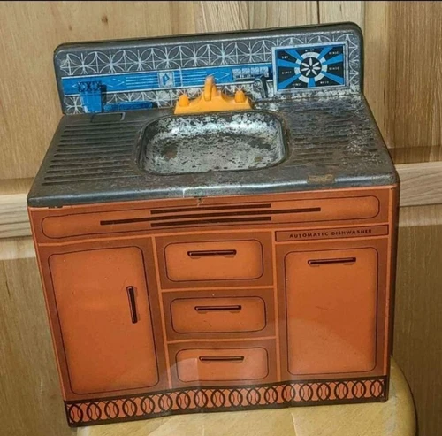 Vintage Wolverine Sunny Suzy Tin Metal Kitchen Toy Sink Dish washing orange 50's