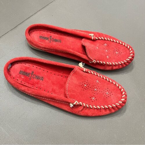 Minnetonka Wildleder Pantolette Autofahren Mokassins Halbschuhe Cut-Out-Design Slipper Gr. 10 rot