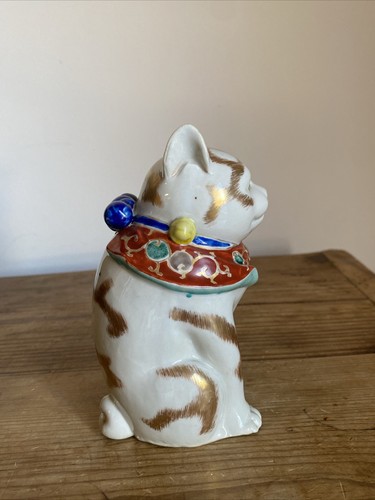 Antique Japanese Maneki Neko Kutani Porcelain Gold Gilt Cat Model Figure - Picture 4 of 11