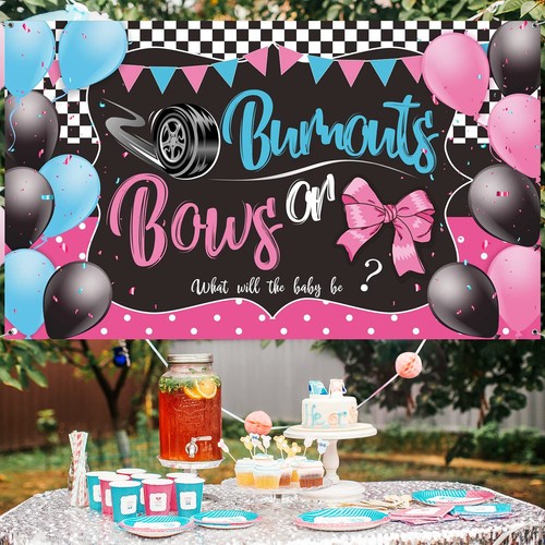 Burnouts or Bows Gender Reveal Photography Backdrop Baby Shower Party Banner - Picture 2 of 7