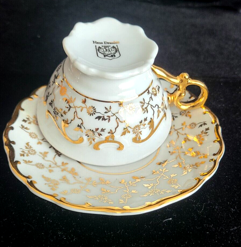 VINTAGE HAUS DRESDEN WHITE & 24KT GOLD CUP & SAUCER 4 5/8" BONE CHINA GERMANY - Picture 3 of 5