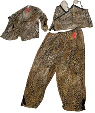 Ja Tadore Pants Cami Shirt & Jacket Lounge PJ's Leopard Print Black Lace Set 1X