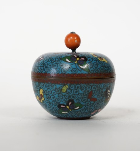 Antique 19th Century Cloisonne round box - with coral stone handle & butterflies