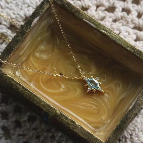 Vintage Blue Topaz Diamond Star Necklace in S925 Sterling Silver gold-plating - Picture 6 of 10