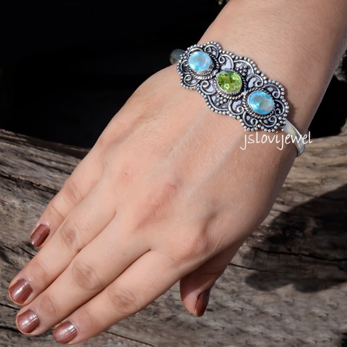 Faceted Peridot & Blue Topaz Gemstone 925 Sterling Silver Affordable Bracelet - Picture 3 of 5