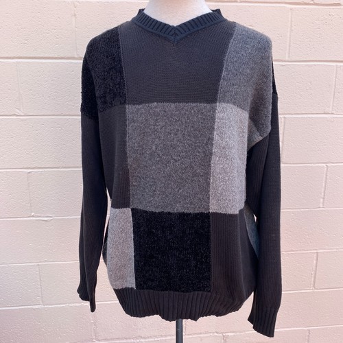 Vintage Bachrach Patchwork Sweater Mens L Large Black Gray Chenille Colorblock - Picture 12 of 17
