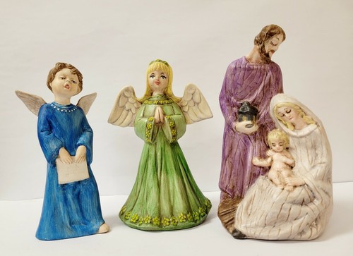 Vintage Weihnachtskrippenfiguren 2 Engel Heilige Familie hausgemachte Keramik - Bild 1 von 10