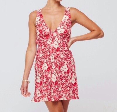 resa red dress RESA Mini Dress Bianca Red White Floral M Ties In Back Boho Sexy Made In  USA