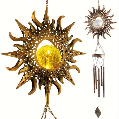 Carillones de viento solares con bola de vidrio craquelado y cálida luz LED campana de viento de metal - Imagen 4 de 9