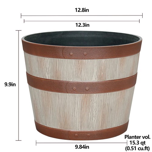 Whiskey Barrel Light Brown Resin Planter, 12.8in x 12.8in x 9.9in - Picture 3 of 8