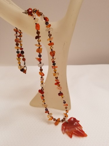 Handmade in USA New! Carnelian Stone & Carnelian Leaf shaped pendant Necklace - Picture 2 of 5