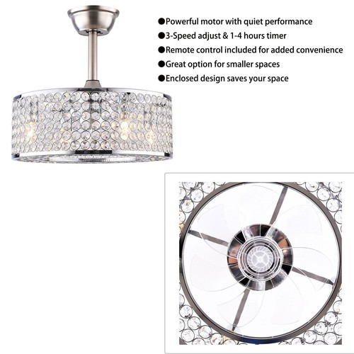 18" Crystal LED Chandelier Bladeless Caged Ceiling Fan Light 3 Speeds Remote NEW - Picture 35 of 37