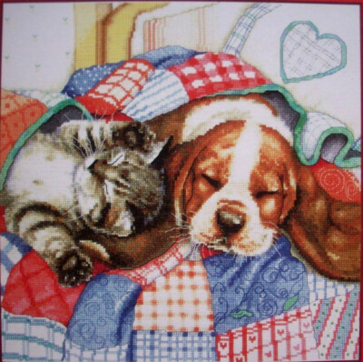 Quilted Heaven cat dog kitten puppy cuddle cross stitch pattern 