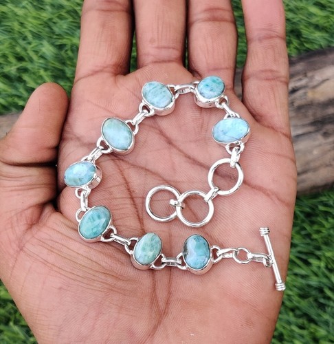 Natural Larimar Bracelet 925 Sterling Silver Gemstone Silver Bracelet MO** - Picture 2 of 3