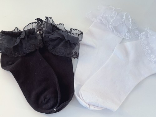 Women Teen Girls Ankle Fancy Retro Ruffle Frilly Lace White OR Black dress Socks - Picture 17 of 22
