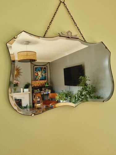 Art Deco Vintage Small Wall Mirror Bevelled Edge Chrome Crest Frameless 54x36 Cm - Picture 7 of 8