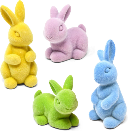 4 Pastel Flocked Bunny Easter Spring Decor Rabbit Figurines Garden Artificial
