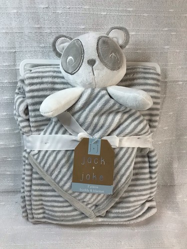 Panda Bear Baby Blanket Security Lovey Buddy Plush Toy Gray White Stripes Unisex
