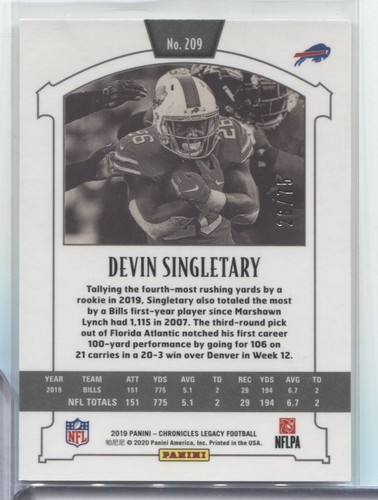 Devin Singletary Bills 2019 Panini Chronicles Legacy RC 26/75 #209 010722MLCD30 - Picture 2 of 2