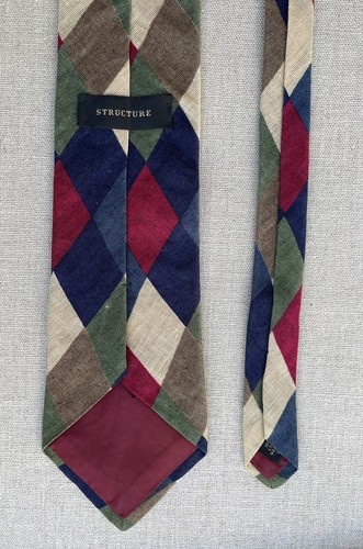 Vintage Structure 100% Linen Tie Blue Green Brown Diamonds Made in USA 4" x 59" - Picture 5 of 13