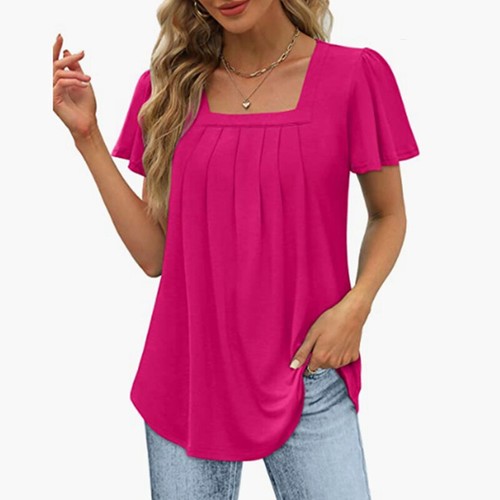 Women Loose Short Sleeve Summer Tops Ladies Square Neck Beach Plain T Shirt - Picture 9 of 48