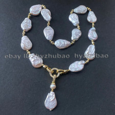 18-22mm Huge South Sea White Flat Baroque Keshi Pearl Pendant Necklace 16"-36"