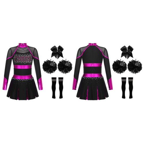 Kids Girls Pleated Dress Masquerade Dance Outfits Mock Neck Cheerleading Socks - Picture 18 of 38