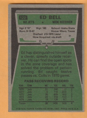 Ed Bell New York Jets 1975 Topps #122 Idaho State Bengals Waco Texas - Picture 2 of 2