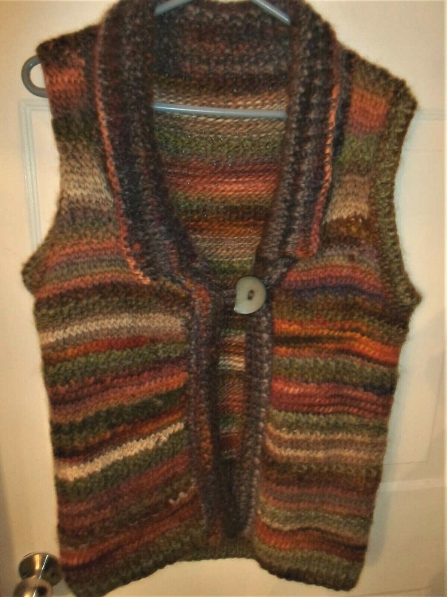 Handmade Knitted Vest Flyaway-Style Collar Rust/Burg/Green/Beige