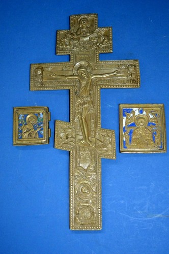 3 Antique Early 20th Century Russian Bronze / Enamel Double Sided Icons,c1920 - Picture 3 of 11