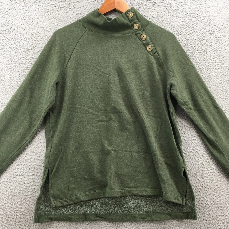 JCrew 卫衣女式 S 绿色套衫长袖纽扣领羊毛衬里 — 第 2/4 张图片