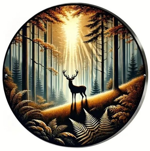 Rustic Forest Deer - 8" Round Metal Sign - NEW - Picture 1 of 6