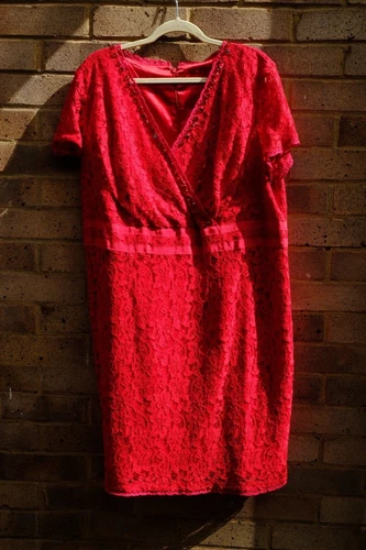 SAVIOR. Red Lace Jewelled Lined Size 22 Dress