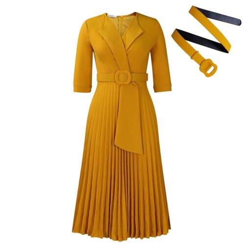 Women's 2025 Fashion V Neck Half Sleeve Pleated Fake A Line Dress Party Dress - Picture 7 of 73