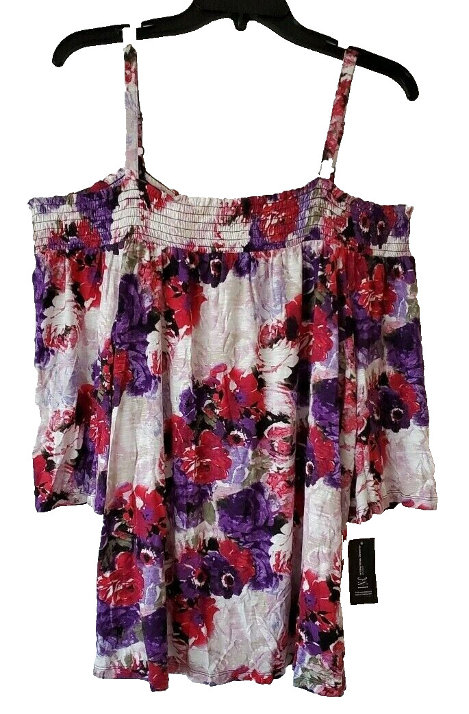 &dollar;69 NWT INC Womens Rose Smocked Off Shoulder Strap Blouse Top Plus Size 0X 