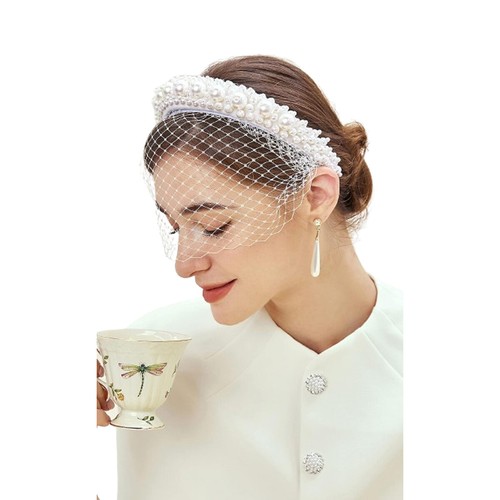 Womens Pearl Birdcage Veil Headband Vintage Bridal Wedding Party Netting Veil - Picture 2 of 14